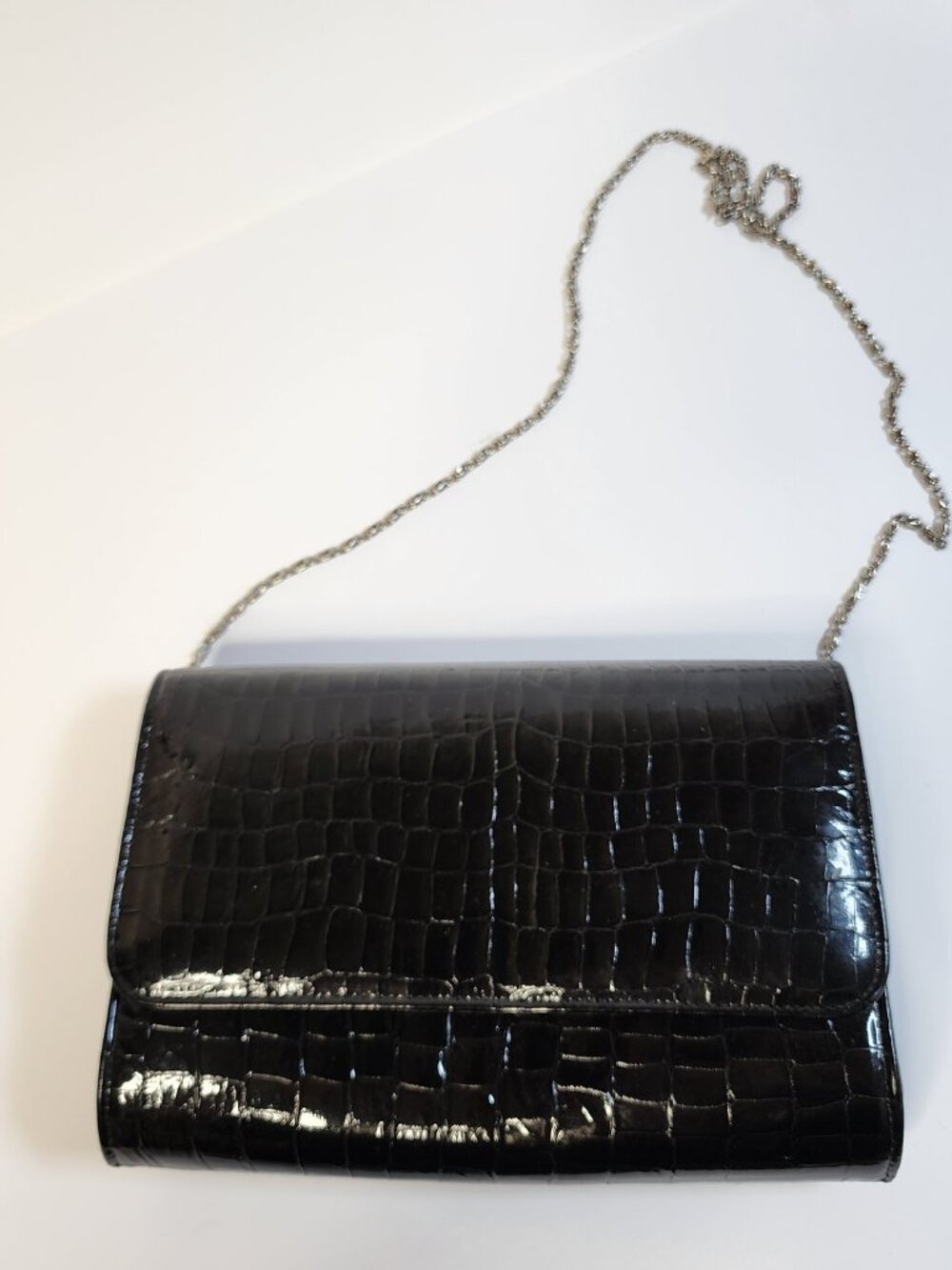 Naturalizer Vintage Croc Clutch — Black | Chain Strap Patent Flap Bag